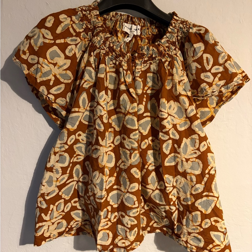 Apiece Apart Rust Floral Smocked Neck Blouse